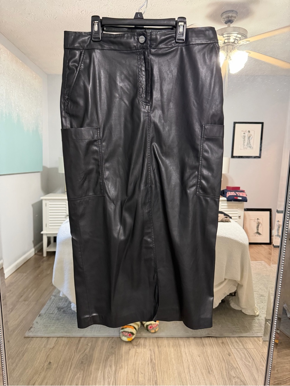 DKNY Black Faux Leather Maxi Skirt with Cargo Pockets